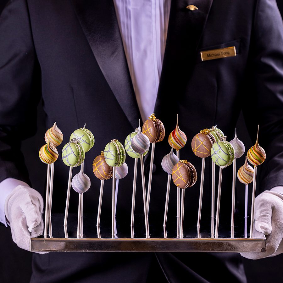  plate of colourful snacks and macaron on sticks served in Mandarin Oriental Hong Kong